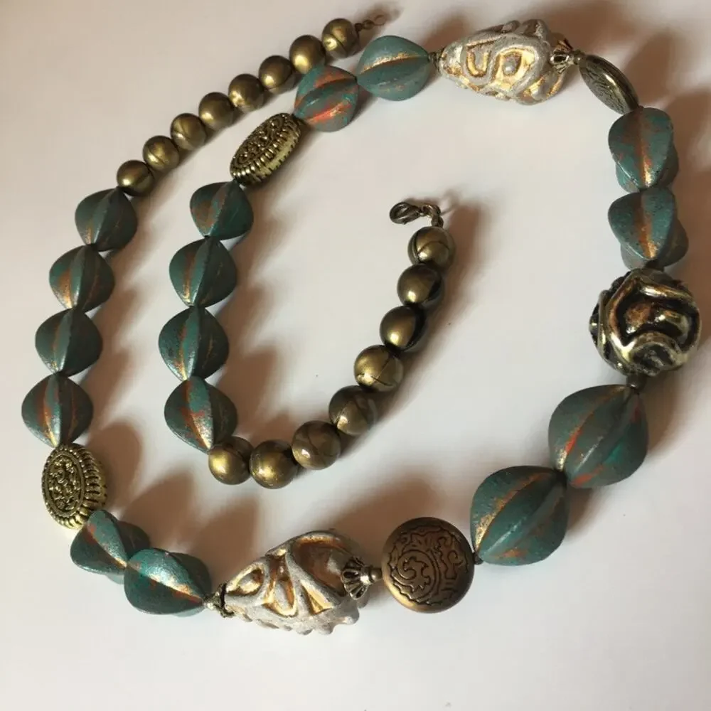 Teal / bronze / gold tone mixed textures statement necklace